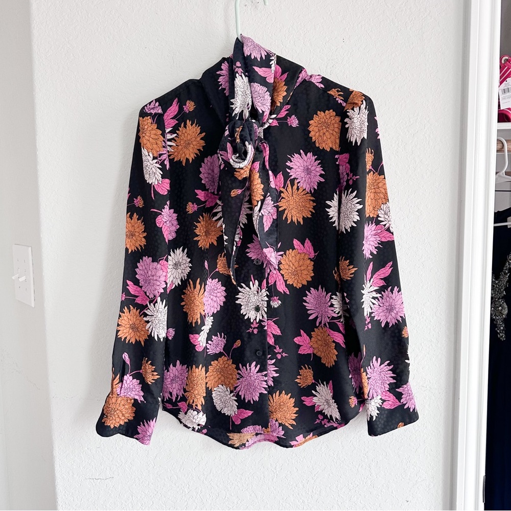 Ann Taylor Autumnal Floral Tie Neck Blouse XS